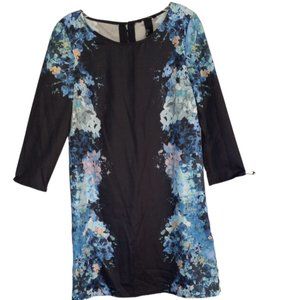 NEW H&M Blue Floral Shift Dress Size 6 S/M 3/4 Sleeve Button Vertical Design
